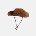 Brown suede western cowboy hat with adjustable chin strap and decorative stitching - M / Dark Brown