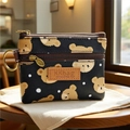 Mini portamonete in tela con stampa di orso, doppia zip dorata e gancio in metallo - Orsetto - Nero