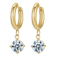 Golden stainless steel hoop earrings with round sparkling cubic zirconia pendant - White Zirconia