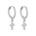 S925 silver beaded hoop earrings with hanging cross charm in minimalist geometric style - Beaded/Silver