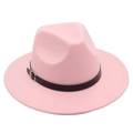 Detail of pink wool felt fedora featuring a black leather band and silver metal buckle - One Size / Pink
