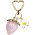 Close-up of pink strawberry pendant with daisy flower and golden heart keychain clasp - Pink 2