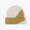 Winter chunky knit beanie in cream and olive green color-block ribbed design - One Size / Beige