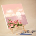 Kit peinture par numéros DIY avec toile coucher de soleil, chevalet bois et 12 pigments - 20x20cm Kit avec Cadre / AVN4 Rose Coucher de Soleil Rose