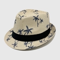 Beige straw fedora with blue palm tree print and black decorative ribbon band - M / Light Khaki