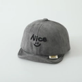Detail of baby soft brim cap showing suede fabric texture and embroidered smiley face - Nice / Gray
