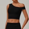 Black one-shoulder eco-friendly yoga crop top with asymmetrical fitness design - L / Premium Black