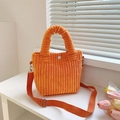 Bright orange corduroy bucket bag with adjustable strap and plush texture for women - Orange