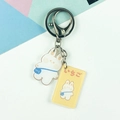 Cute acrylic white bunny keychain with matching rectangular tag and silver chain - White Rabbit Yellow Tag Style (Double Clasp No. 18)