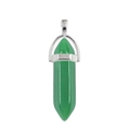 Green hexagonal agate crystal pillar pendant with silver metal bail on white background - Synthetic Dark Green Jade