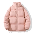 Minimalist pink stand collar puffer jacket with horizontal quilting and drawstring hem - S / Pink