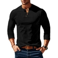 Men's slim fit black long sleeve ribbed Henley shirt with three button placket - S / Black