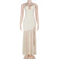 Detail of white halter dress featuring mesh patchwork, ruching, and a high slit design - S / Cream White