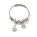 Detail view of silver braided bracelet with swan pendant and heart crystal charms - Rhinestone Heart Swan (C1-015) / White