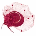 Elegant red fascinator hat featuring delicate feathers, mesh veil, and floral accents - Burgundy