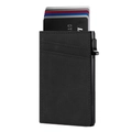 Detail view of carbon fiber metal wallet showing automatic pop-up card mechanism and slots - Black Plain