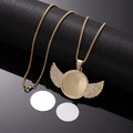 Detailed view of golden angel wing heart necklace with sublimation blank discs and crystals - X459-4 Gold Round Wing