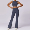 Conjunto de yoga azul gris oscuro con top corto sin mangas y leggings acampanados de cintura alta - S / Azul Oscuro
