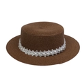 Dark brown straw hat featuring elegant white lace and pearl trim for summer sun protection - Pearl Lace Decor Band Style (302D)