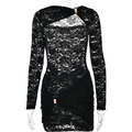 Abito corto elegante in pizzo nero a maniche lunghe con cut-out e fibbie dorate - L / Nero
