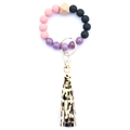 Pink and purple beaded bracelet keychain with leopard print tassel and golden clasp - Style 36 (Pink Black Purple Leopard Tassel)