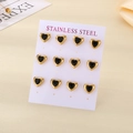 Set of 6 pairs of gold heart earrings with black inlay on stainless steel display card - Gold/Black