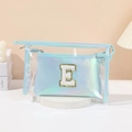 Two-in-one iridescent makeup bag set with clear PVC outer pouch and letter E patch - Light Blue [E]