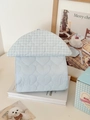 Close-up of heart-shaped quilting and blue plaid detail on the soft hanging pet tissue bag - Quilted Heart-Pure Blue