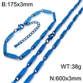 Blue stainless steel rhombus bamboo link necklace and bracelet set for men and women - Blue Set
