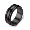 Mens brushed black stainless steel spinning ring with red baseball stitching design - US 6 / 8MM Fishbone Pattern