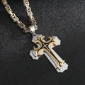 Close-up of double-layered cross pendant in gold and silver with a sturdy woven chain - 55cm Thickened Two-tone Gold + Byzantine Chain
