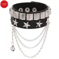 Close-up of black leather punk bracelet with silver studs, pentagrams and layered chains - Black Chain (Eco-leather)