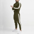 Side view of olive green slim fit sports set with white side stripes and stand collar - Army Green and White