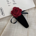 Elegant vintage burgundy satin rose hair clip with black velvet bow accent - Burgundy
