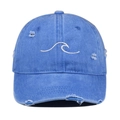 Detail of washed blue baseball cap with white wave embroidery and distressed ripped effects - One Size / Light Blue