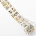 Retro postage stamp washi tape roll with vintage plants and animal patterns on white - Forest Natural History