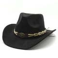 Classic black suede cowboy hat featuring a vintage bull head emblem and woven band detail - M (56-59cm) / Black Faux Suede