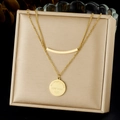 Gold double-layered stainless steel necklace with round engraved tag and bar pendant - Gold Double Layered Engraved Disc Curved Bar Style (N3927)