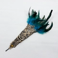 Gothic kanten handschoenen met groenblauwe veren en goud borduursel voor feest - Lichtblauw