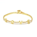 Close-up of golden LOVE letter tennis bracelet with square cubic zirconia and lobster clasp - LOVE Bracelet - Gold