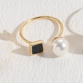 Adjustable 14K gold plated ring with white pearl and black square enamel accent - Pearl Square Enamel