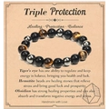 Bracelet triple protection en oeil de tigre, hématite et obsidienne sur carte de présentation - 10mm Triple Protection avec Carte