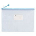 White A4 mesh document bag with light blue zipper and index tag for organizing - Morandi Light Blue - Label