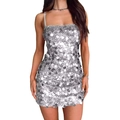 Close-up of silver sequin fabric and texture on tight party mini dress for women - S / Dresses / White Silver