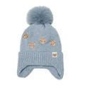 Macro detail of baby light blue knit earflap hat with bear embroidery and fluffy pom pom - M (52-54cm) / Gray