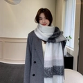 Thick mohair-style winter scarf with grey and white color blocking and fringe - Black and White Gradient
