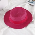 Chic rose red straw sun hat with flat top, wide brim and decorative matching ribbon - M (56-58cm) / Rose Red