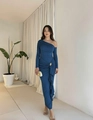 Slim fit navy blue one-shoulder maxi dress with ruched waist and metal detail - Blue
