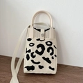 Compact leopard print knitted mobile phone bag with beige straps and metal snap closure - Leopard Print Black and Cream