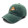 Dark green vintage washed cotton baseball cap featuring a cute zipper bear graphic - Dark Green